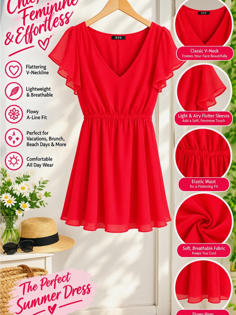 Express Bright Red V-Neck Flutter Sleeve Tunic Dress